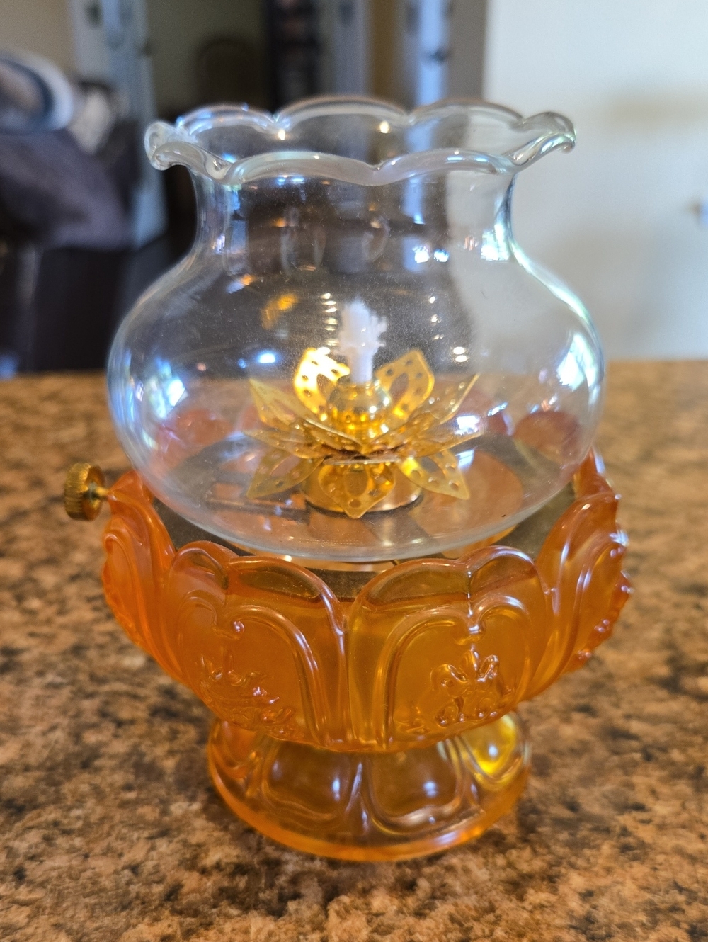 Source Unknown Amber Glass Lantern with Gold Floral Accent